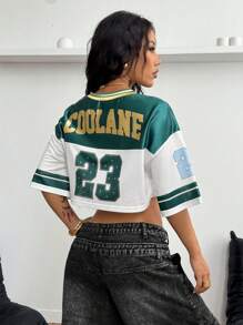 Coolane 女式夏季运动服比赛日数字图案火焰图案 V 领短款 T 恤，狂欢节 - 綠色 - 查看 6