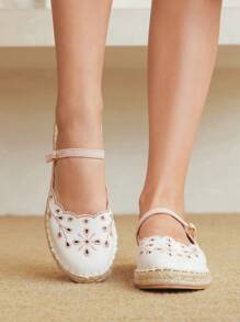 Styleloop Women White Embroidery Round Toe Rope Flats, Casual Vacation Party Date Shoes - White - View 2