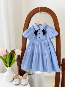 SHEIN Vestido de Manga Curta com Laço Fofinho e Babado para Bebê Menina, Estilo Escola de Verão