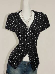SHEIN ICON Black & White Polka Dot Top Pattern Pleated Decoration Women Blouse - Black and White - View 6