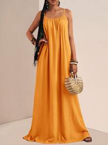 Zivah 2025 年夏季新品音乐节、复活节、圣帕特里克节、西部、游牧、生日派对、毕业典礼、学生、日常穿着、多功能休闲、度假、邮轮旅行、海滩、日光浴、病毒无袖可调节肩带纹理宽宽松卡其色女式连衣裙 - 橘色 - 查看 6