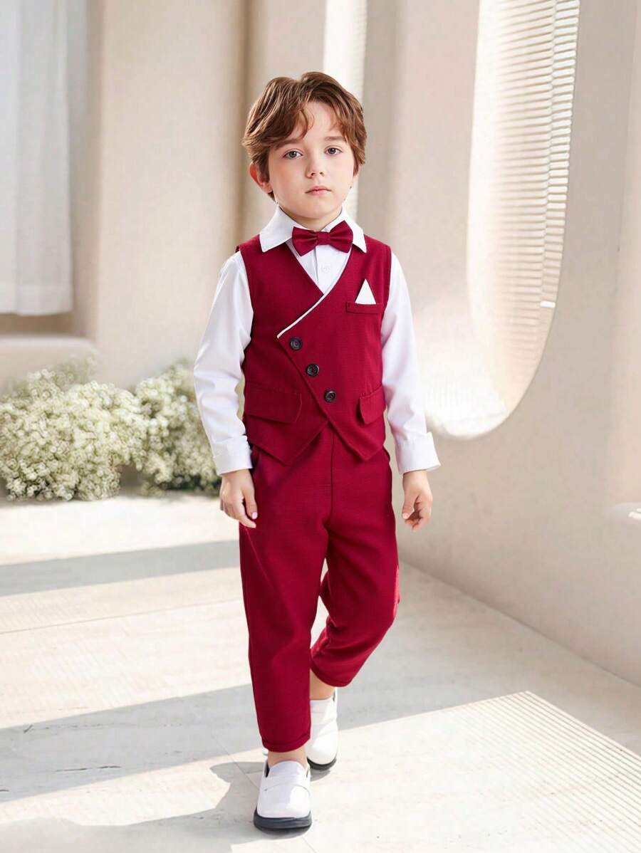 SHEIN Young Boy's 2pcs Gentleman Summer Outfit, Crossover Front Design Vest & Long Pants, Suitable For Birthday Party, Ceremony, Wedding, Holiday - Burgundy - View 1