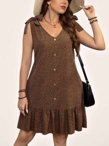 SHEIN LUNE Plus Size Summer Ruffle Hem Brown V-Neck Sleeveless Bow Decor Dresses Sundress, Vacation Style - Multicolor - View 6