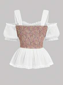 SHEIN MOOSTA Camisa de estilo francés de patchwork para mujeres de talla grande - Rosa - Ver 2