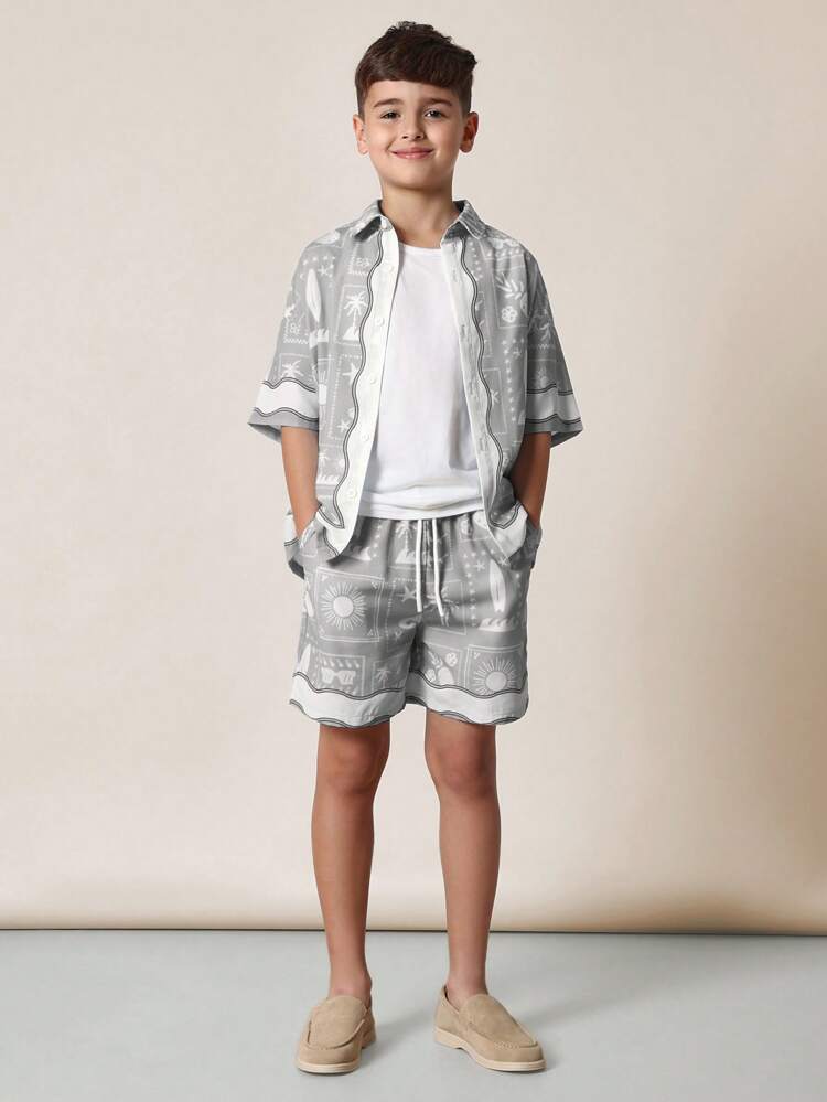 Chemise hawaïenne rétro à imprimé requin et palmier