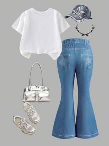 Wildeya Conjunto casual de 2 piezas para niñas pequeñas, camiseta blanca de manga corta con moño y pantalones acampanados de aspecto de jean azul de punto, conjunto de verano lindo