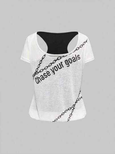 Grunge Punk T-shirt à col montant superposé avec imprimé crâne, ourlet à volant de style Harajuku Punk Y2K