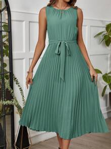 Ellevyn 女式純色無袖綠色連衣裙，褶邊擺設計 - 薄荷綠 - 查看 3