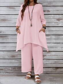 EMERY ROSE 大码女式夏季宽松上衣，带口袋和裤子，休闲白色亚麻套装，不对称下摆和七分袖