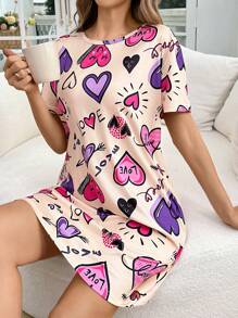 Snug Zone Camisón de cuello redondo de manga corta con estampado de corazón y letras - Multicolor - Ver 6