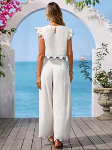 Vivid Eden 女士假日印花圆领短袖上衣和裤子两件套，女士夏季服装，度假风，适合海滩度假，女士两件套套装 - 白色 - 查看 2