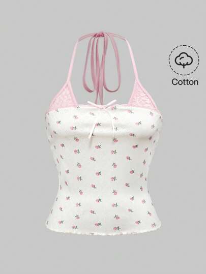 Kawaii Niedliches, frisches Camouflage-Blumen-Patchwork, rosa und beige Spitzen-Spaghetti-Träger Neckholder Camisole Top in Große Größen für den Sommer