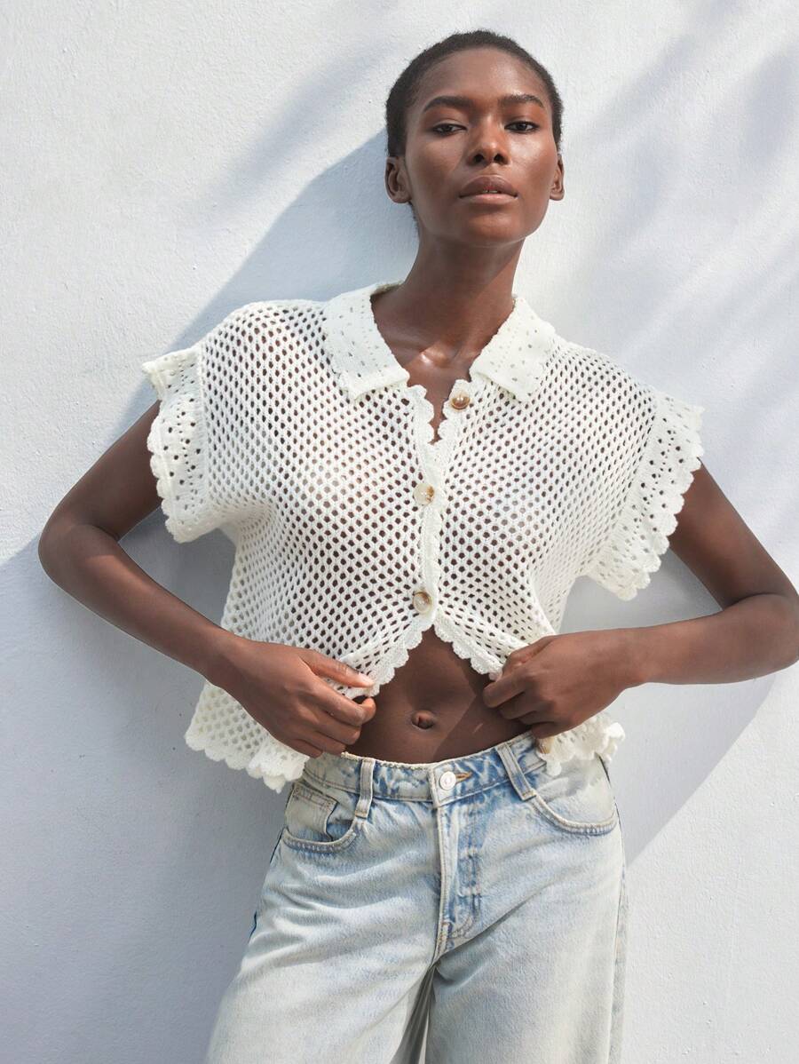 Maija 女士夏季休闲纯色镂空针织开衫，贝壳扣复古风休闲衬衫，夏威夷风格