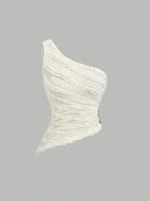 Sweetra Bluză nouă de primăvară și vară pentru femei, asimetrică cu un singur umăr, țesătură texturată, decor metalic cu nasturi, potrivită pentru vacanța la plajă