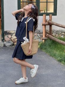 DAZY 2pcs/Set Tween Girl Collared Short Sleeve Denim Top + Skirt Set, Summer, Back To School Clothes