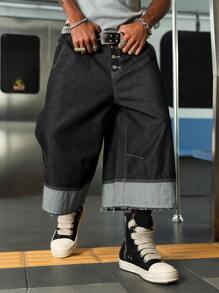 PAVTROS Manfinity Streetrush Men's Pocket Button Fly Frayed Edge Relaxed Fit Jeans Men S Wide Leg Jeans - Black - View 5