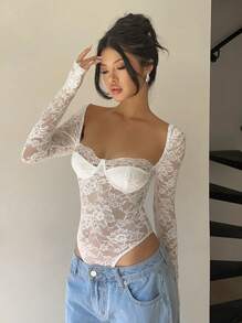 Aloruh 女士性感优雅蕾丝细节长袖紧身衣 - 白色 - 查看 3