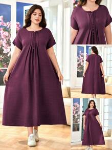 Lacomfia Đầm dài tay ngắn giản dị cỡ lớn cho nữ - Màu Hồng Tươi - Xem 1