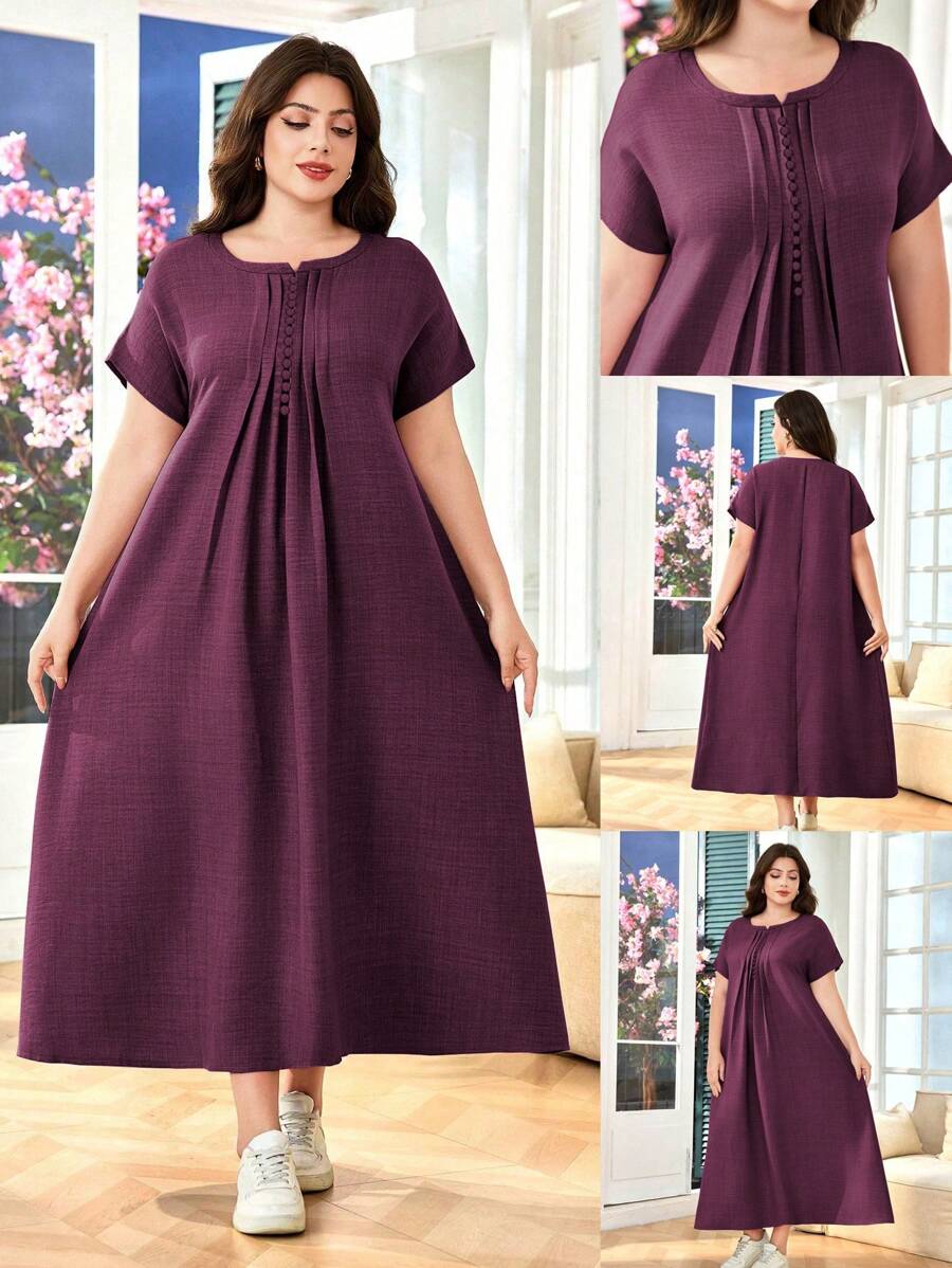 Lacomfia Đầm dài tay ngắn giản dị cỡ lớn cho nữ - Màu Hồng Tươi - Xem 1