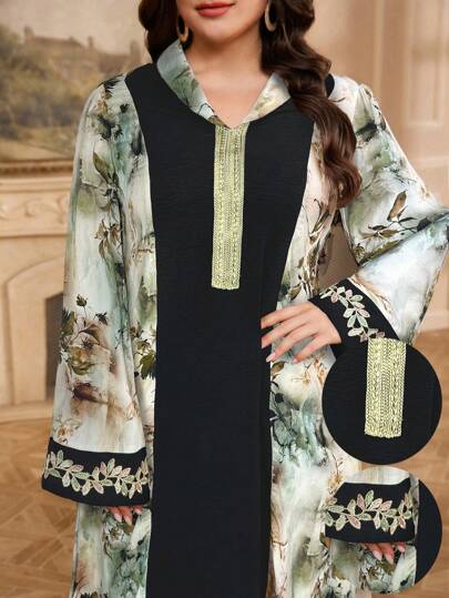 Al Najma 大码女式优雅印花拼布长款束腰外衣和传统阿拉伯长裙