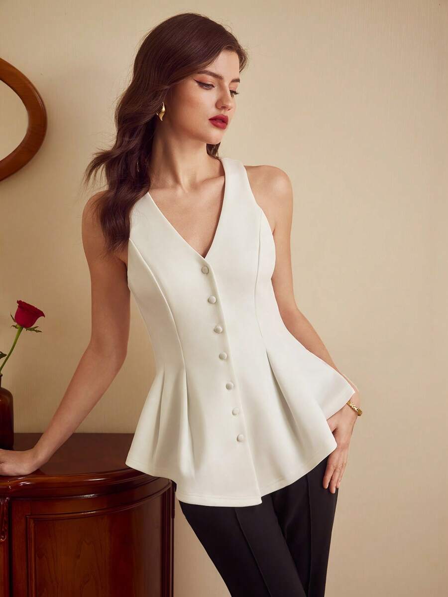 Vintamour Elegantes Vintage-Tank Top für Damen, Frühling/Sommer, tailliertes ärmelloses Tank Top mit Rüschensaum, Tank Top im Retro-Stil, Hochzeitsgastkleid, Urlaubsoutfits für Damen, Festival-Outfits, schulterfreies Top für Damen, Ausgeh-Tops, Business-Casual, Arbeitskleidung für Damen, Lehrer-Outfits für Damen, weißes Hemd, Tank Tops - Weiss - Übersicht 1