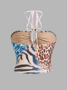 SHEIN ICON 大码女式豹纹胸前镂空抽绳露肩吊带背心 - 彩色 - 查看 2