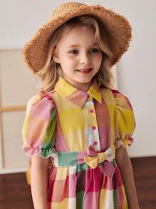 PrepCrw Vestido camisa con cinturón con estampado de cuadros de colores para niña, estilo escolar