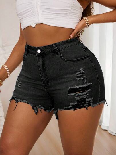 SHEIN SXY 大码女式弹力破洞性感牛仔短裤