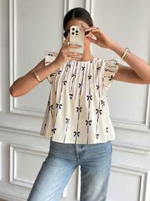 SHEIN Frenchy 女士夏季盖袖压褶蝴蝶结套头衫，时尚夏日风格