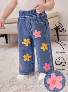 6M-3YRS Baby Girl Blue Floral Print Knit Denim Wide Leg Pants,Summer Casual Vacation Colorful Flower Print,Stretchy Comfortable 2 Back Pockets Jeans - Light Wash - View 4