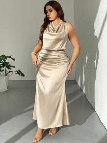 Firerie 2 件套女式缎面褶皱领口系带衬衫和褶皱长裙，适合情人节、音乐会、表演、约会、派对、婚礼、性感、优雅、通勤、返校、度假、海滩、大码、2 件套夏季服装、商务休闲女装 - 杏色 - 查看 2