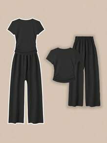 Franclia 2pcs Women Summer Casual Solid Color T-Shirt And Pants Set - Black - View 2