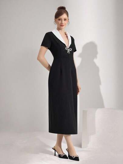 Poshira Robe mi-longue pour femme, élégante, avec col contrasté, décor de nœud avec strass, pour l'été