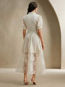 Anewsta Đầm xòe tay ngắn cổ bèo họa tiết phong cách Pháp thanh lịch dành cho nữ - Màu be - Xem 2