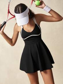 VARSIVA Women's Contrast Color Trim Spaghetti Strap Open Back Sleeveless Active Dress - Black and White - View 5