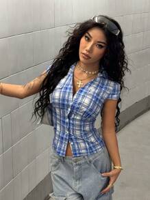 StreetHx Blue Plaid Cap Sleeve Fitted Shirt For Women