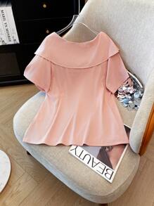 SHEIN LUNE Women's Plus Simple Round Neck Knitted Short Sleeve Top Neck Bow Decorated T-Shirt Boho Summer Elegant - Dusty Pink - View 2