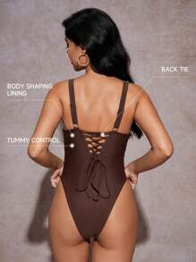 Shapewave Tummy Control Swimsuit V-Neck Ruffled With Crisscross Backstrap