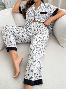 SHEIN Plus Size Women Floral Print Contrast Color Pocket Shirt And Pants Pajama Set