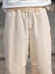 Claim Dot 男式褶皱口袋松紧腰宽松牛仔裤 - 薑色 - 查看 4