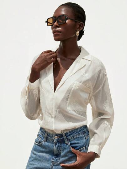 SHEIN Privé 2-Way Sheer Double Pockets Blazer Collar Embroidery Loose Versatile Blouse Fall Cloth For Women