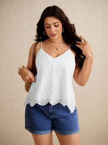 SHEIN Frenchy 大码刺绣网状纹理浪漫法式风格女式度假吊带背心 - 白色 - 查看 1