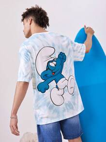 The Smurfs X SHEIN Camiseta oversize de hombre con estampado de dibujos animados y teñido anudado, camiseta gráfica de verano