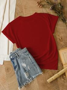 SHEIN 女士圆领印花休闲上衣 - 圆领轻薄T恤，适合所有季节，7月4日 - 酒紅色 - 查看 2