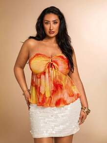 SHEIN BAE 大码女式春夏橙色渲染褶裥吊带镂空 A 字型上衣，海边度假吊带背心上衣，七月四日女士，七月四日，七月四日曲线，度假，度假，俱乐部女士性感，生日，机场，毕业 - 橘色 - 查看 2