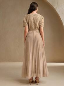 Anewsta Vestido de mujer nuevo, elegante, de línea A, de manga corta, con patchwork de encaje y gasa - Caqui - Ver 2