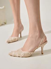 CUCCOO CHICEST 全新夏季女士尖头花卉刺绣蕾丝中跟优雅浪漫网眼蕾丝一脚蹬高跟鞋，适合正式礼服、婚礼、派对、下午茶、约会之夜 - 杏色 - 查看 9