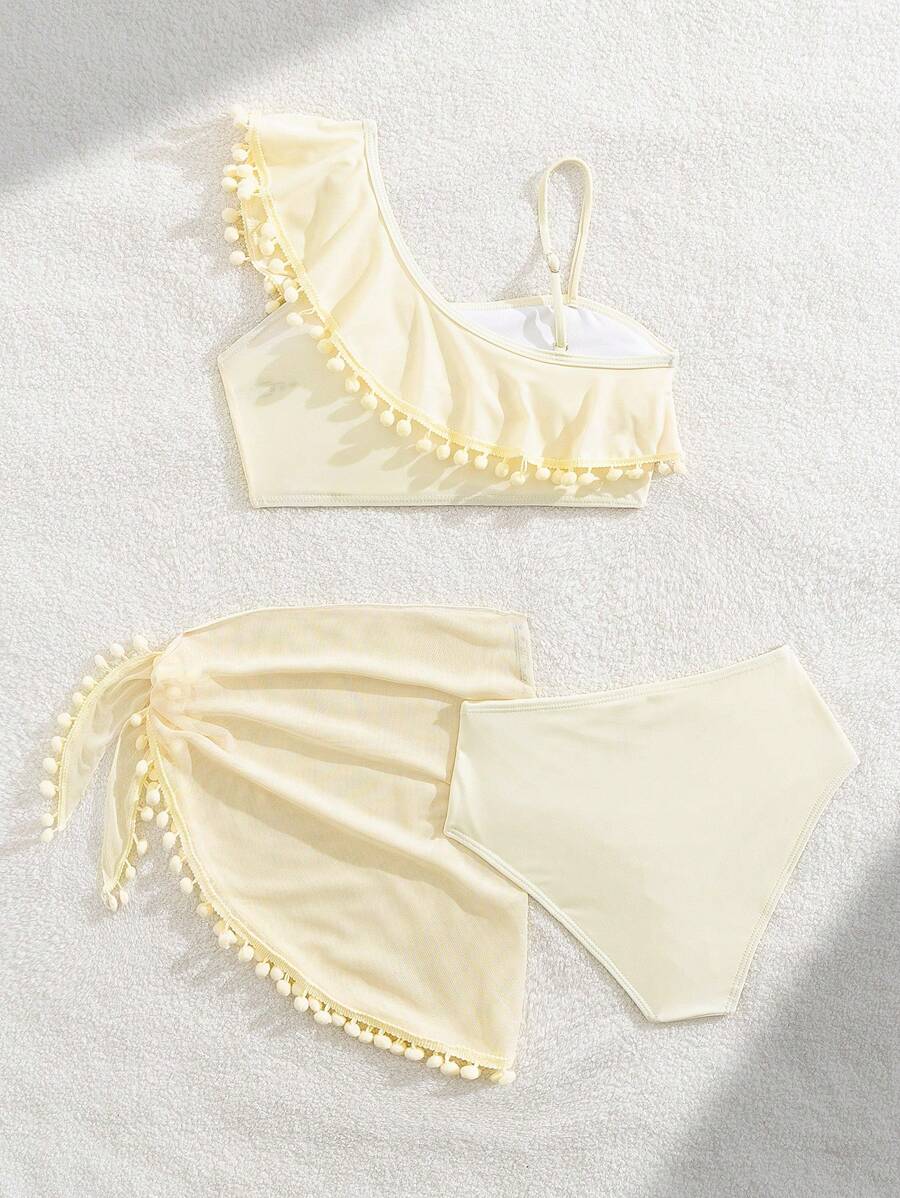 3 Potong Set Bikini Pantai Liburan Anak Perempuan dengan Rok, Putih - Krem - View 1
