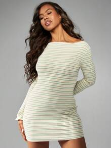 MISSGUIDED Đầm mini cổ thuyền tay chuông họa tiết sọc phong cách retro mùa xuân hè mùa hè ngày lễ Giáng sinh - màu xanh lá - Xem 6