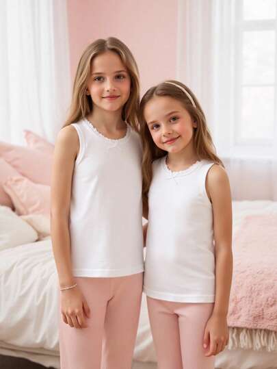 5-delat set med underkläder för flickor i vitt, enfärgat, enkelt spetsmönster, ärmlös, bekvämt och avslappnat linne, sommar